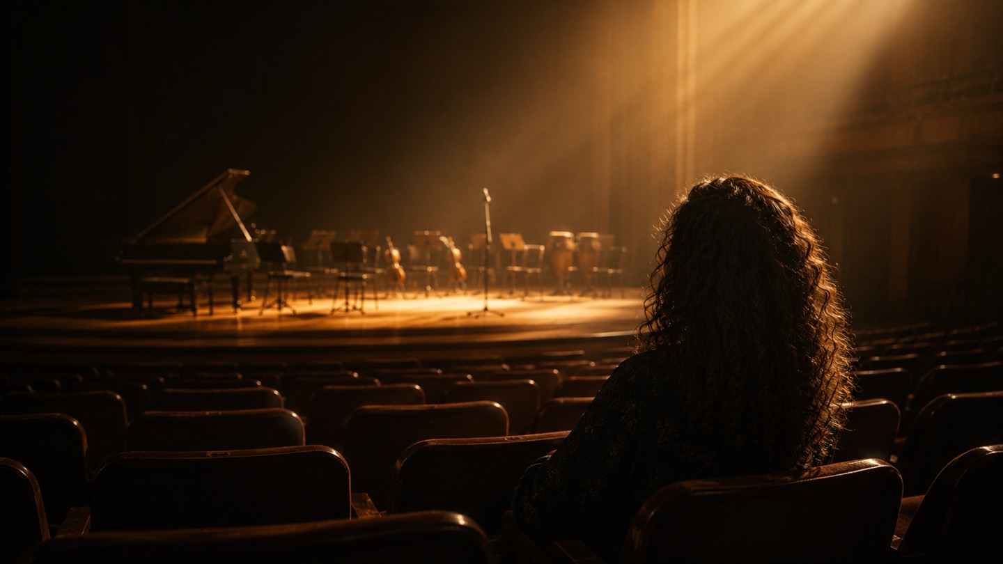 A single listener facing an empty stage, where a story is about to become music