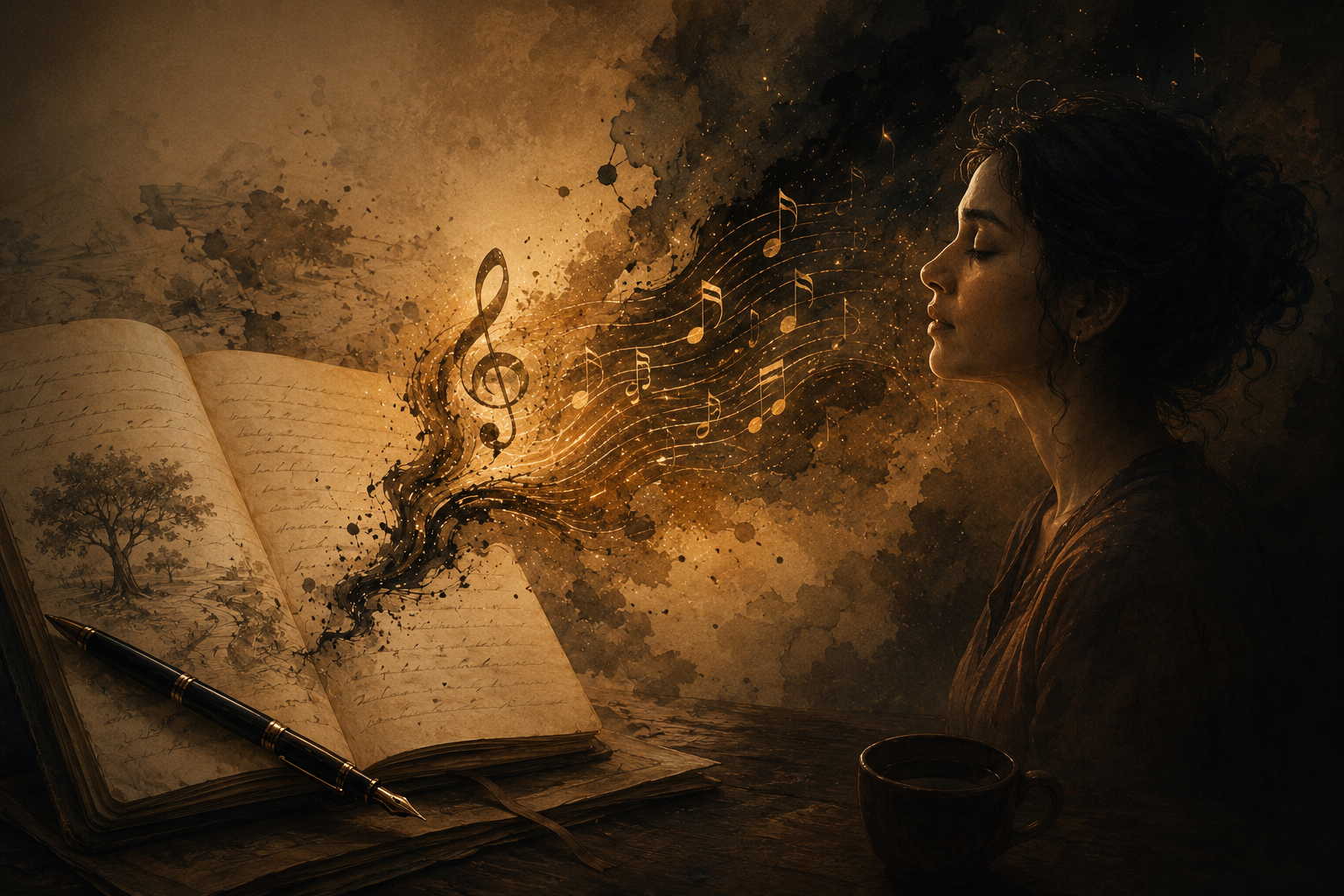 An open journal with handwritten stories dissolving into golden musical notes and staves