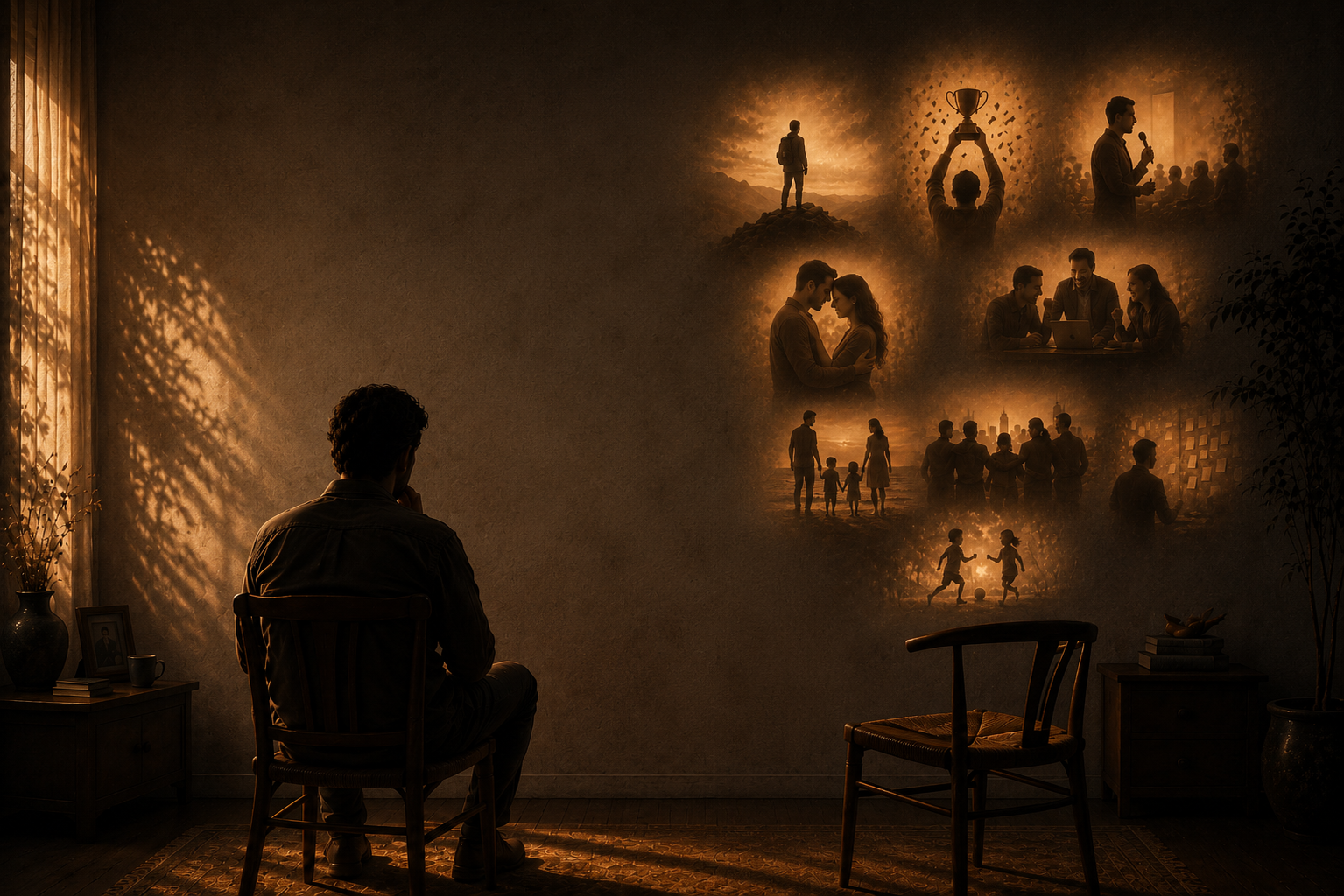 A person seated before a wall of glowing life stories